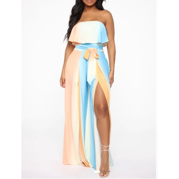 Fashion Nova Pants - Fashion Nova 3X Jumpsuit Strapless Ruffle Ombre Wide Leg Split Pants Resort
